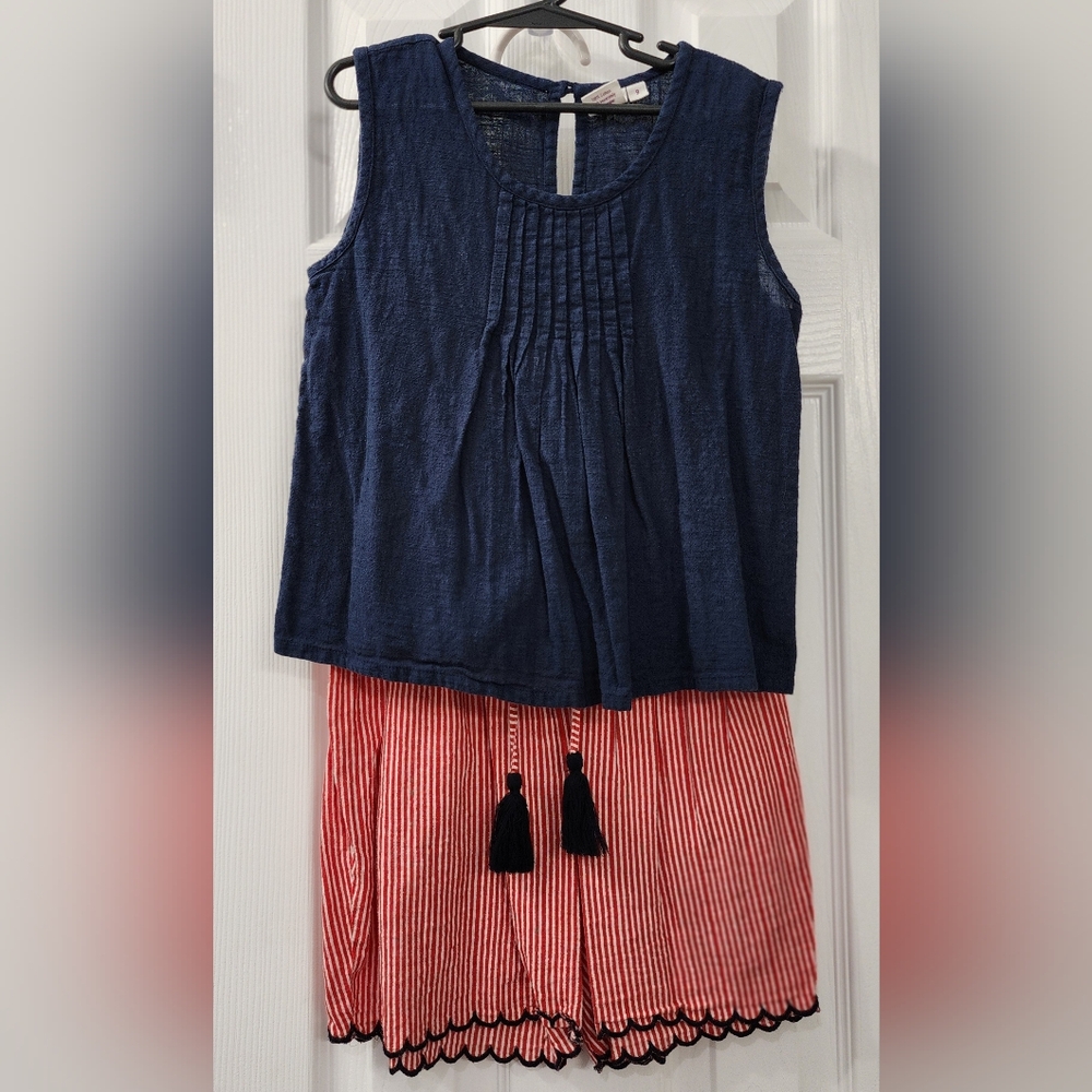 Navy Sleeveless Top with Red Striped Shorts Size: 9